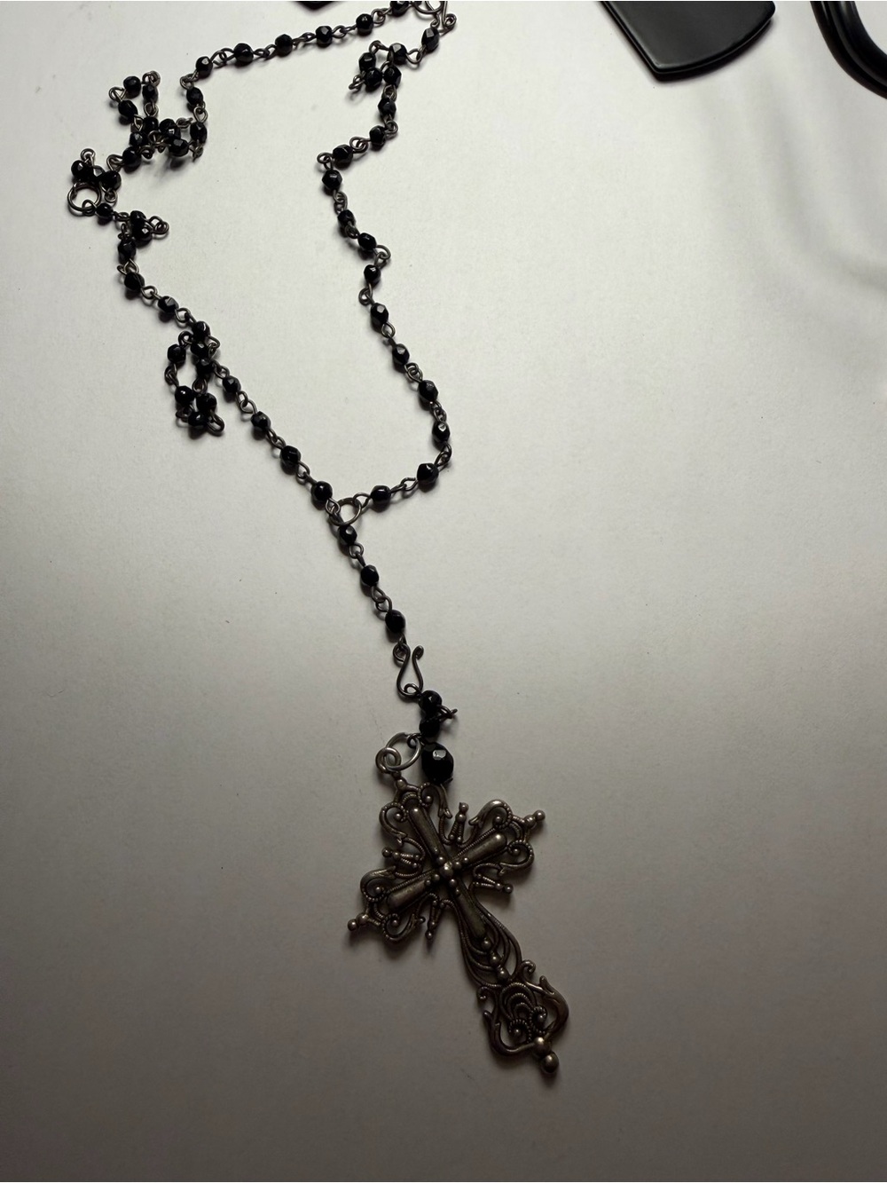 Black Adjustable Rosary-Style Cross Necklace - Women Jewelry